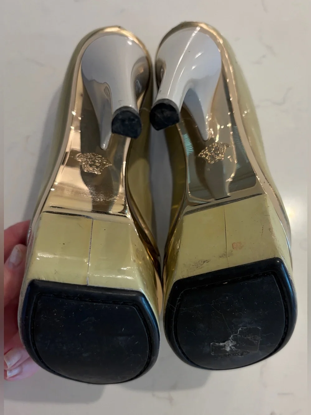 Versace Triple Platform Patent and Leather Pumps, pale green & gold